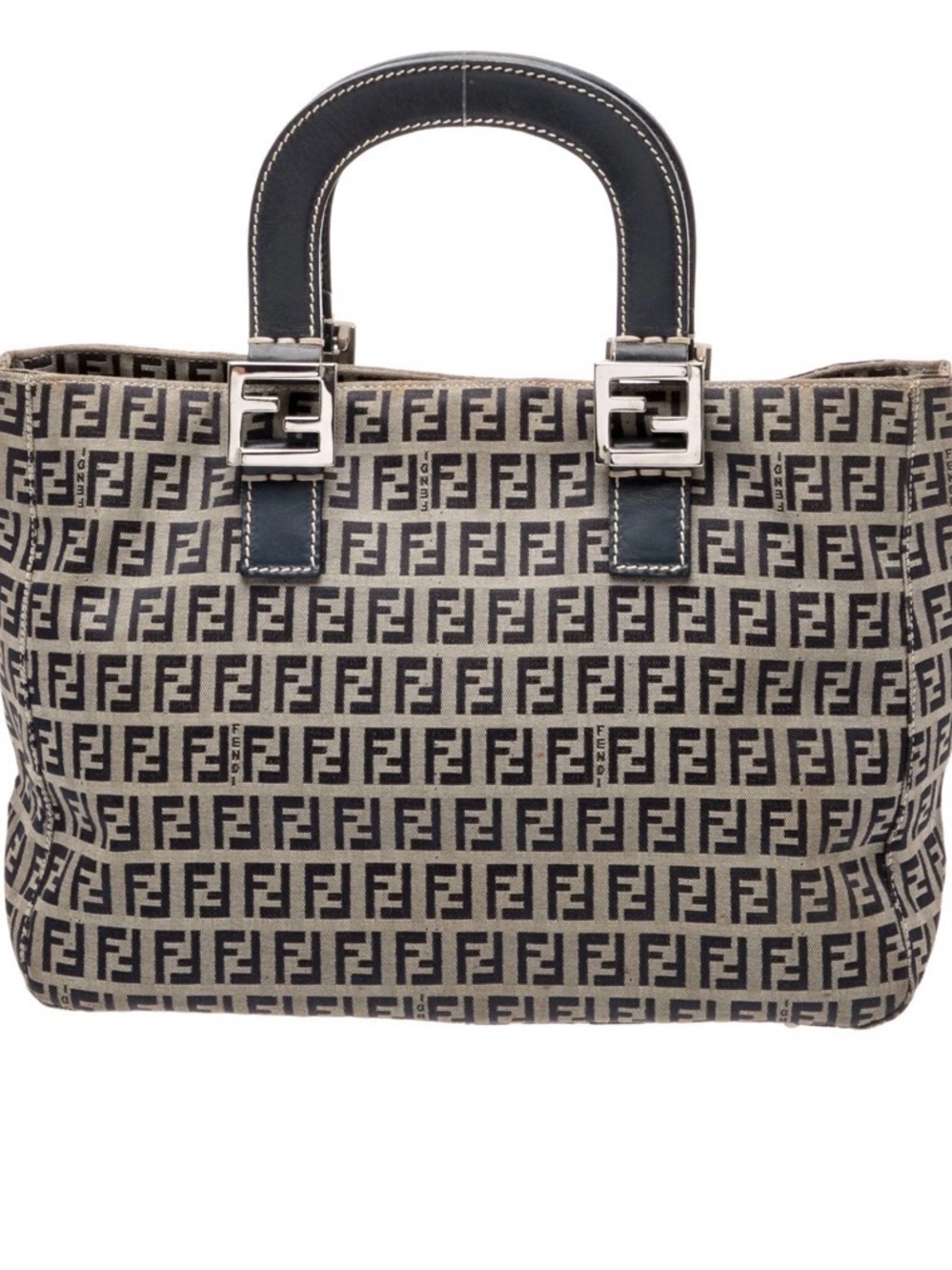 Fendi Beige and Black Zucca Canvas Tote with Leather Handles